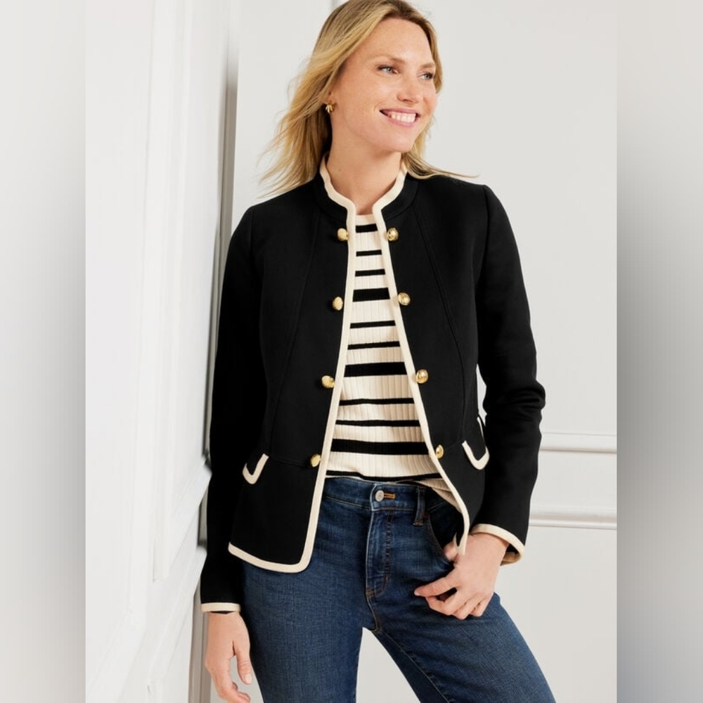 Talbots Womens Black With Ivory Trimmed Gold-Button Military Jacket Size 8